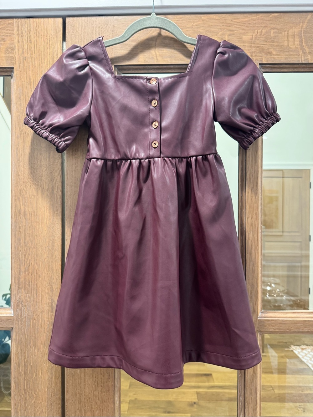 Vince Camuto Girls' Burgundy Faux Leather Puff Sleeve Dress